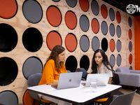 Two colleagues working together at a table with their laptops. The wooden wall behind them has grey, orange and black circular panels on it.