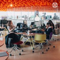 Several people working at desks with computers under an orange ceiling.