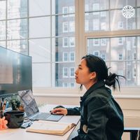 Team member working at a desk with dual monitors near large windows.